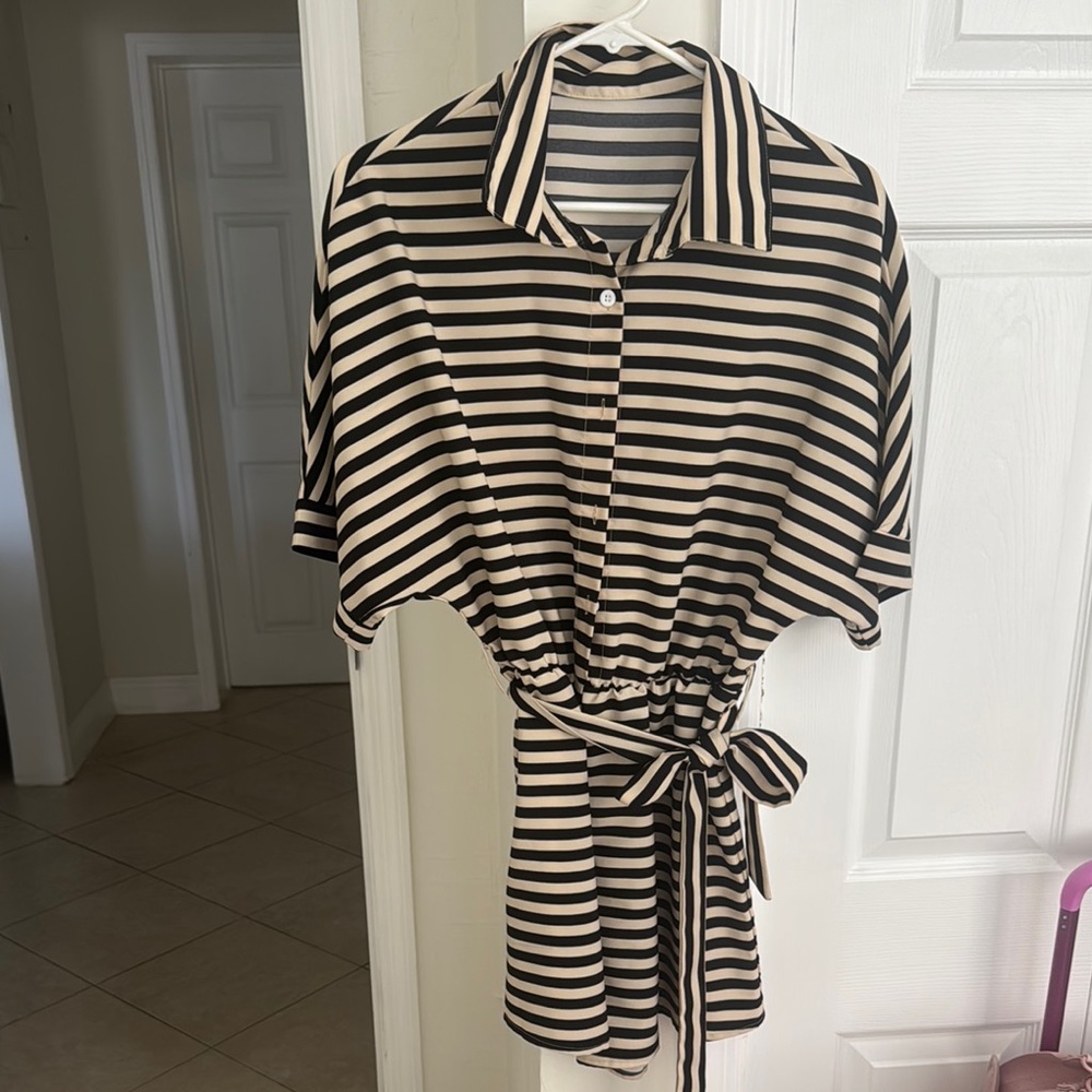 Striped Black and Tan Button-Up Dress